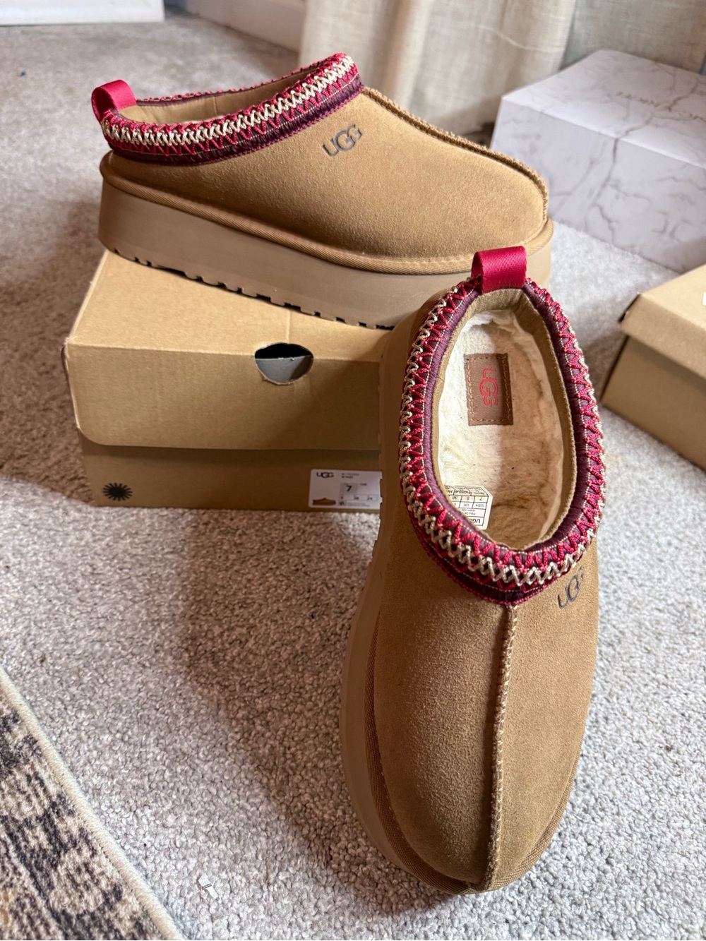 UGG Chestnut Suede Slip-On Mules with Red Trim